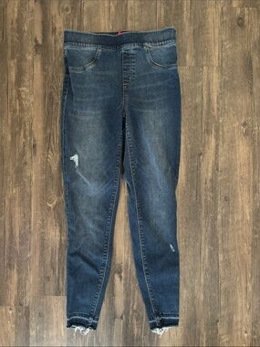 SPANX Women's Distressed Pull-On Skinny Jeans Medium Dark Wash Raw Hem Stretch